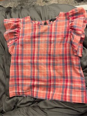 DREW Coral and Blue Plaid Flutter Sleeve Blouse